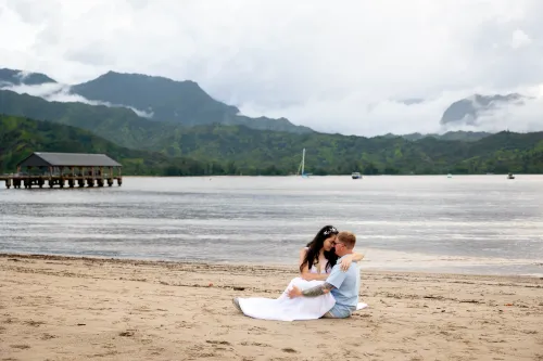 Bride and groom on the beach in Hawaii