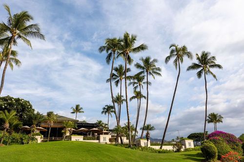 Tropical Hawaii wedding venue with palm trees and resort buildings