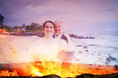 Bride in flowing white dress with dramatic ocean waves and lava flow in Hawaii